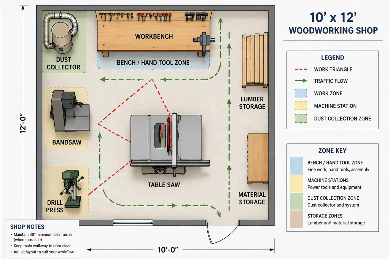 Detailed 10x12 woodworking shop layout diagram showing tool placement, workbench, dust collector, and work triangle