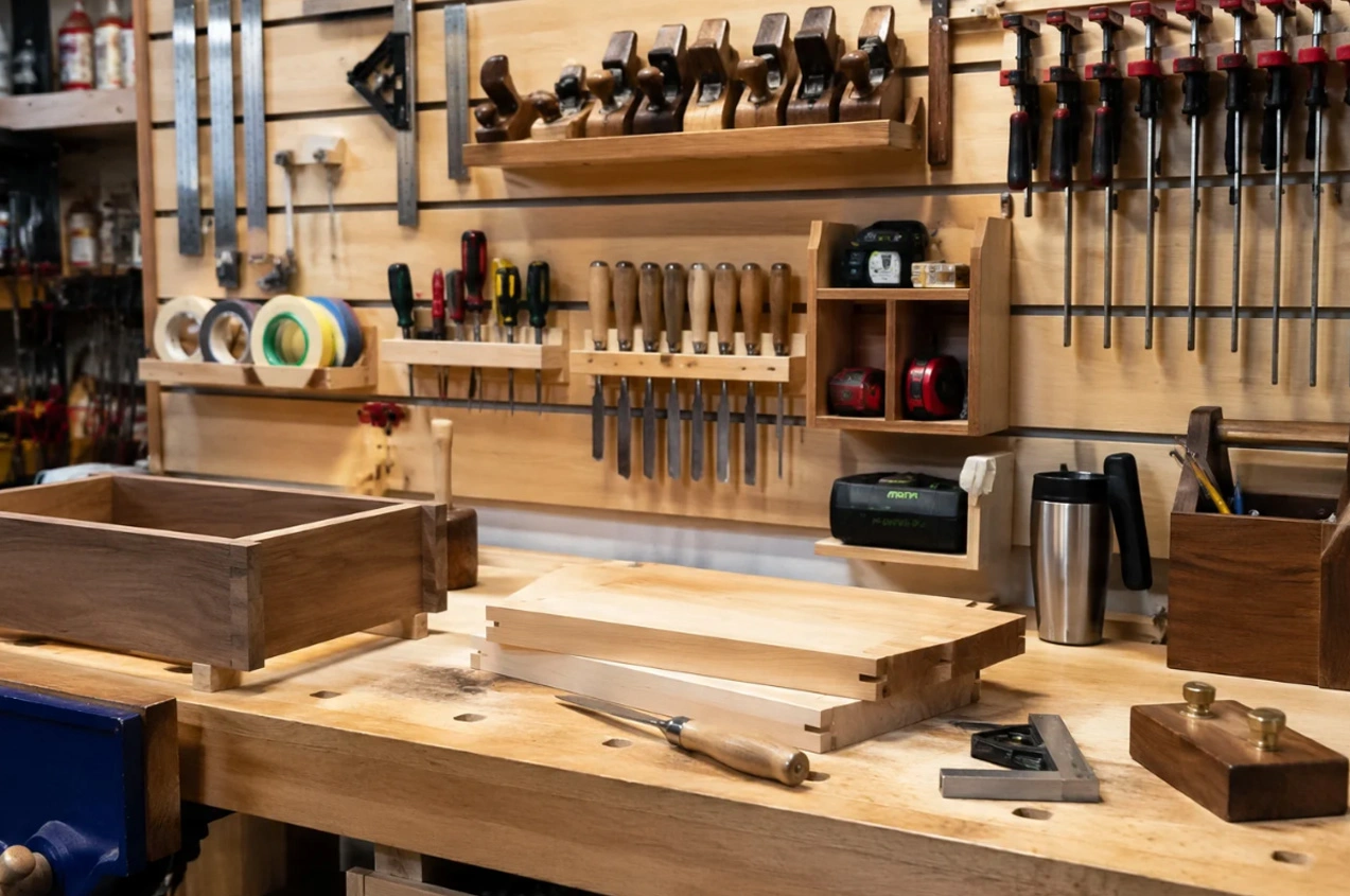 10x12 woodworking shop workbench with wall storage, tool organization, and efficient workspace design