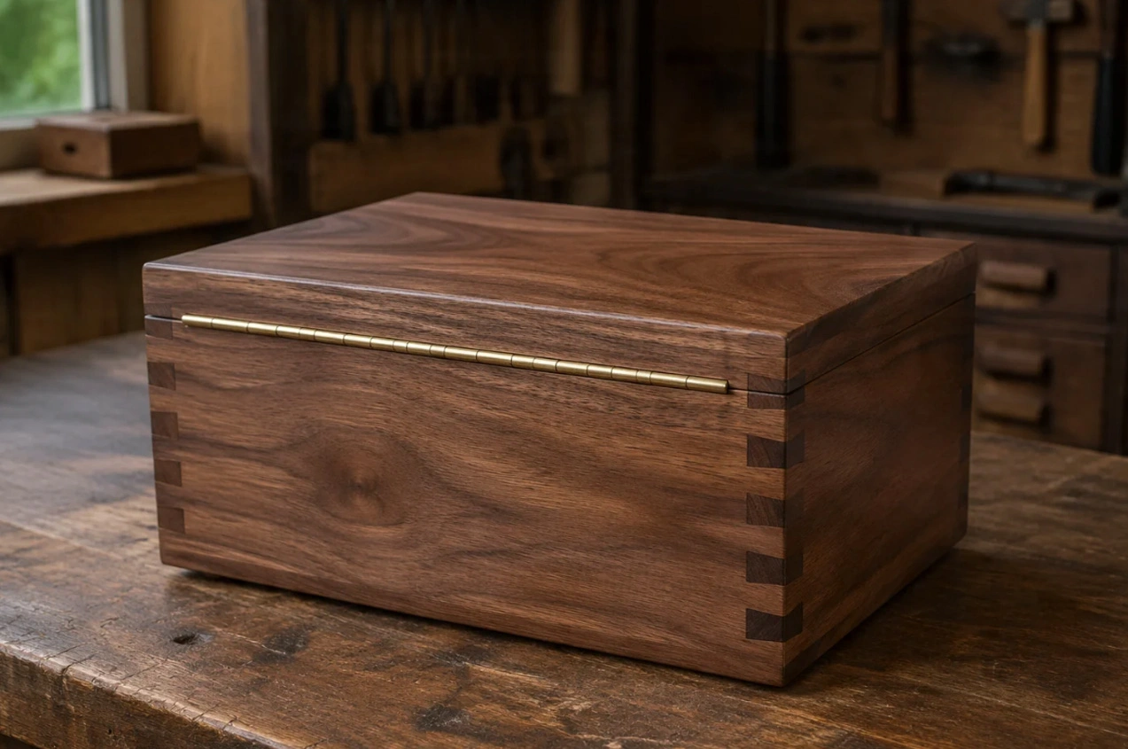 Beautifully finished walnut dovetail jewelry chest with brass hinges, velvet interior, and hand-cut dovetail joints visible on corners