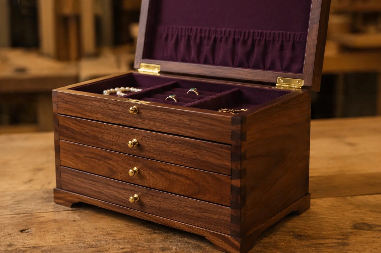 Beautiful hand-crafted dovetail jewelry chest made from walnut wood with brass hinges and velvet interior