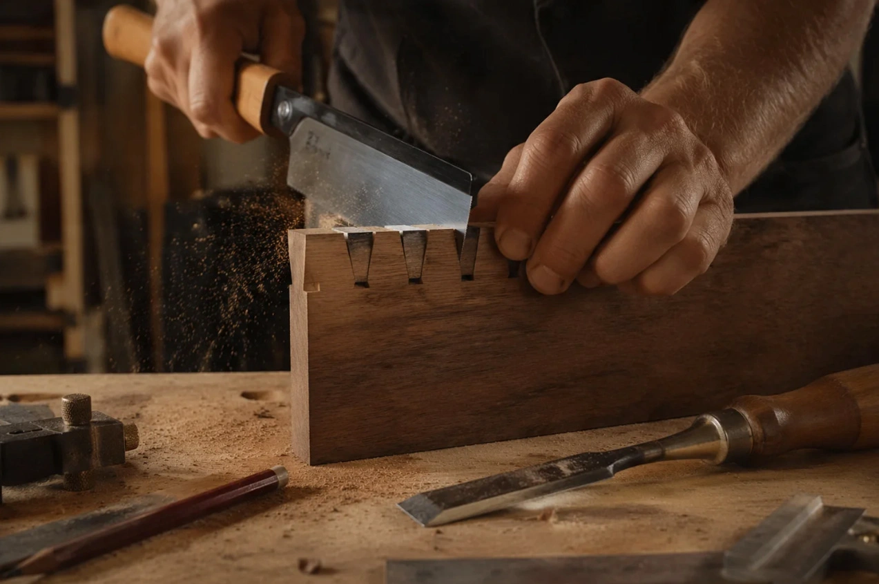 Hand cutting dovetail joints on walnut wood for jewelry chest construction using dovetail saw and chisel