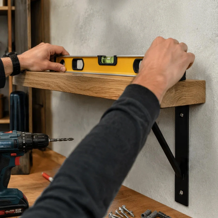 Using a level tool and drill to adjust a wall shelf bracket