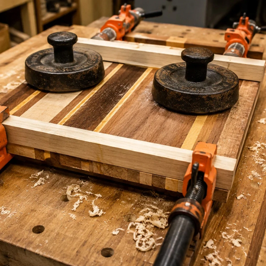 Using clamps and heavy weights to flatten a warped wooden cutting board on a workbench