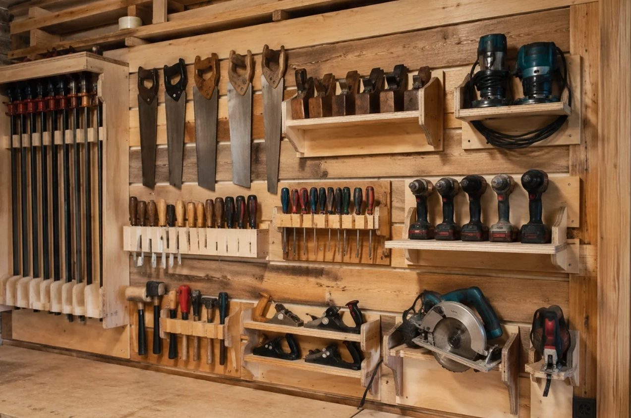 French cleat wall storage system with custom tool holders for clamps, saws, and hand tools in a woodworking workshop