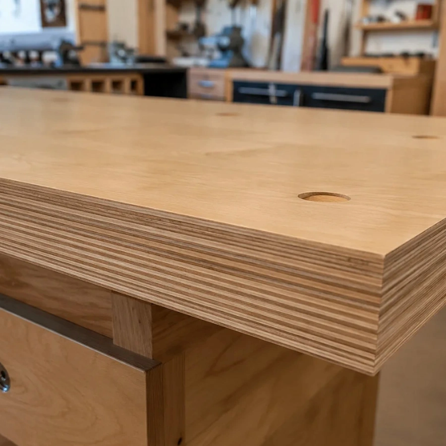 Close up view of a hardwood plywood workbench top showing the layered wood grain edges