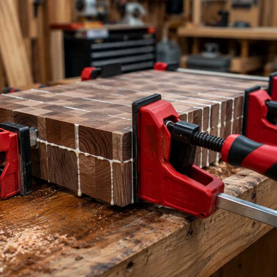 Heavy duty parallel clamps pressing a large wooden cutting board together