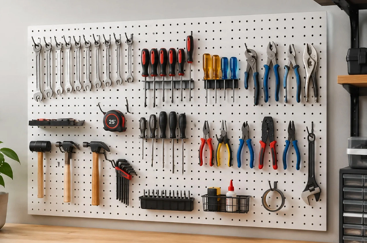Pegboard storage system with organized hand tools, wrenches, screwdrivers, and hammers in a workshop