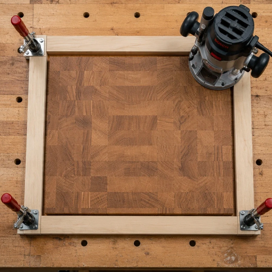 Top down view of a wooden cutting board secured inside a four piece rectangular router jig