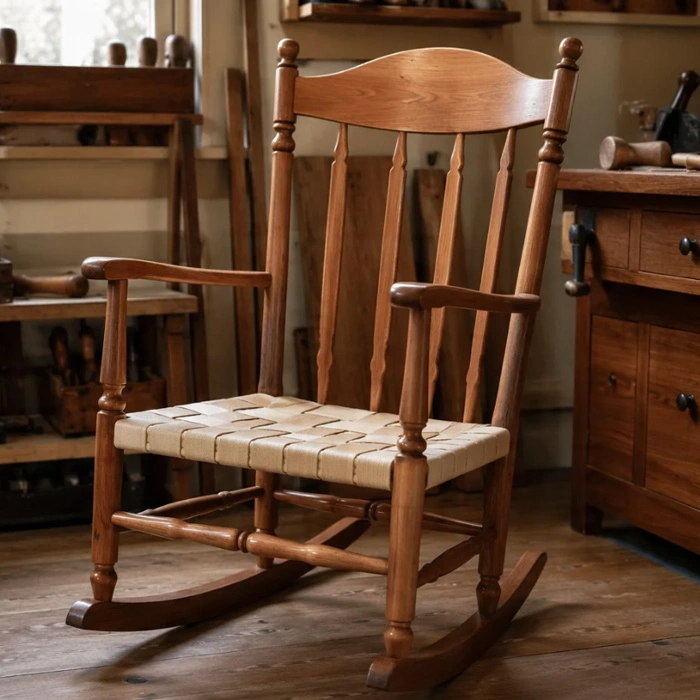 Beautifully finished Shaker rocking chair with woven tape seat, turned spindles, and curved back slat