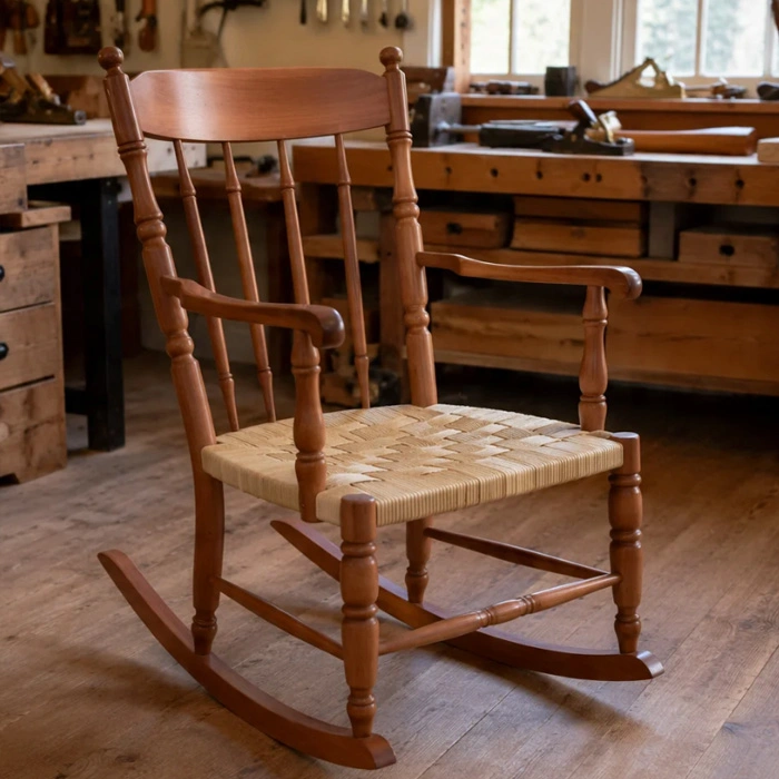 Classic Shaker rocking chair made from cherry wood with woven tape seat and turned spindles