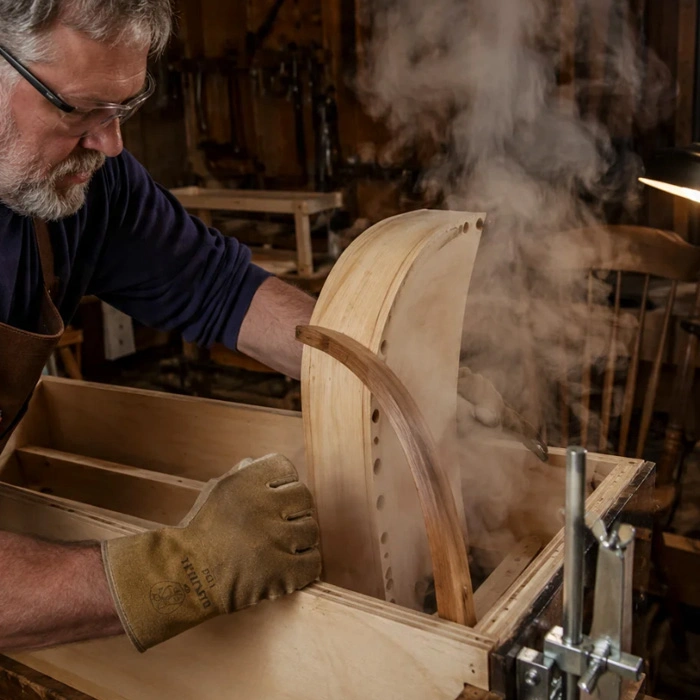 Woodworker steam bending Shaker rocking chair back posts using a shopmade steam box and bending forms